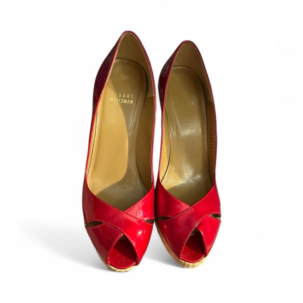 Stuart Weitzman Glossy Red Peep Toe Heels